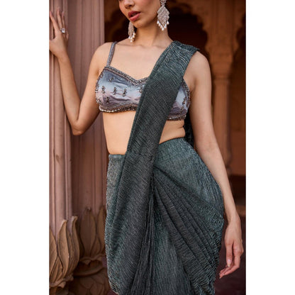 Saanjh by Lea Grey Maahi Livid Shimmer Pre-Stitched Saree with Stitched Blouse