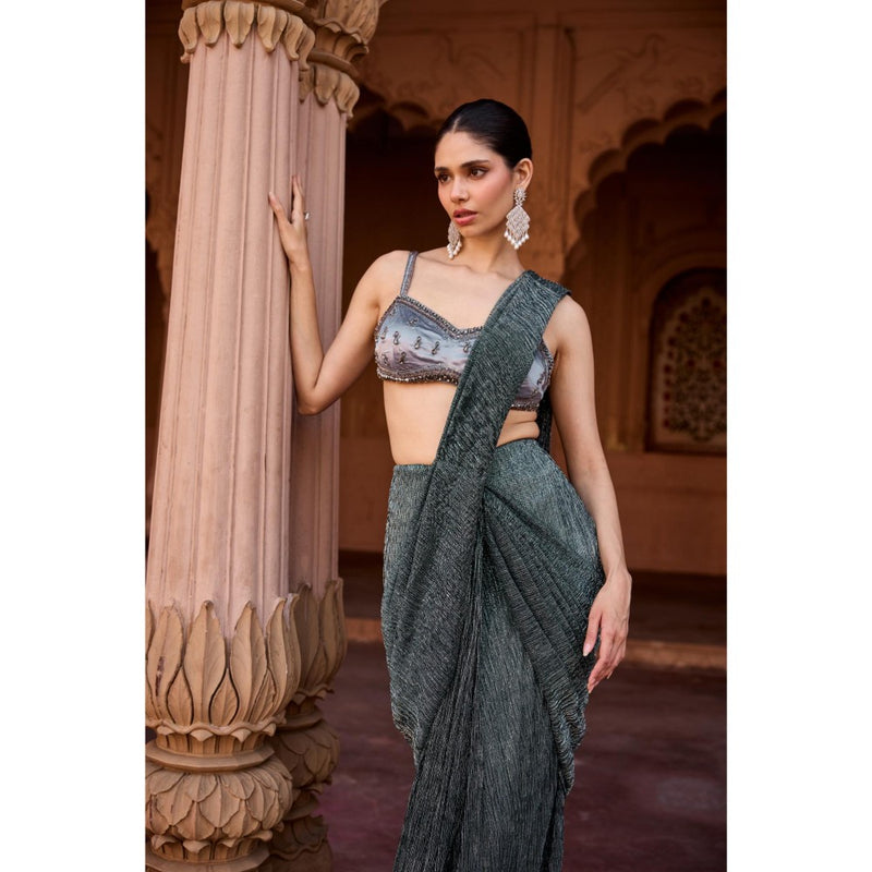 Saanjh by Lea Grey Maahi Livid Shimmer Pre-Stitched Saree with Stitched Blouse