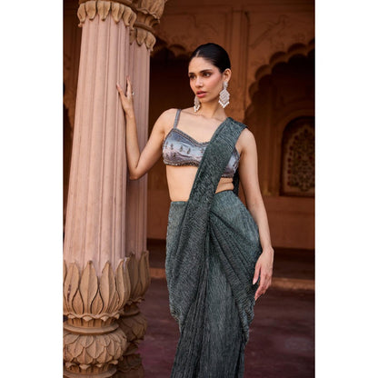 Saanjh by Lea Grey Maahi Livid Shimmer Pre-Stitched Saree with Stitched Blouse