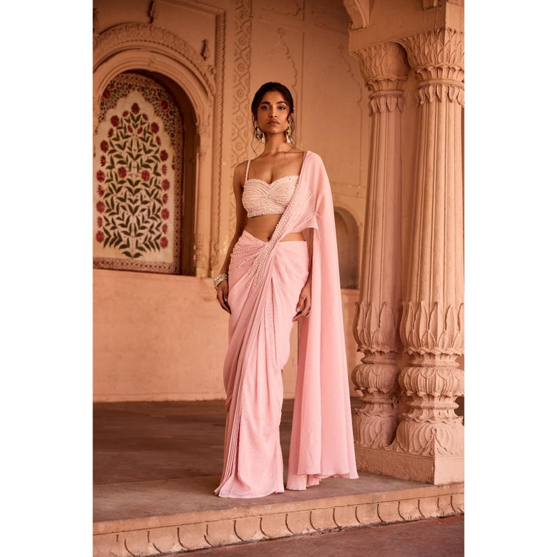 Saanjh by Lea Reshma Baby Pink Satin Pre-Stitched Saree with Stitched Blouse