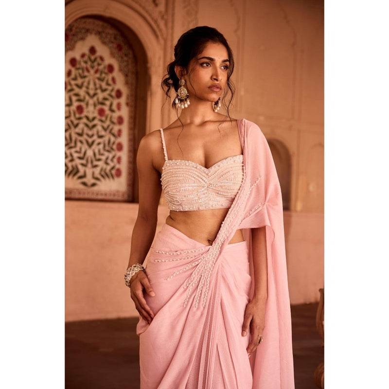 Saanjh by Lea Reshma Baby Pink Satin Pre-Stitched Saree with Stitched Blouse