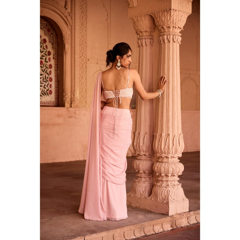 Saanjh by Lea Reshma Baby Pink Satin Pre-Stitched Saree with Stitched Blouse