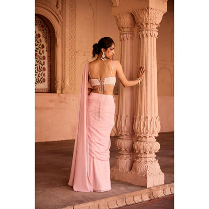 Saanjh by Lea Reshma Baby Pink Satin Pre-Stitched Saree with Stitched Blouse