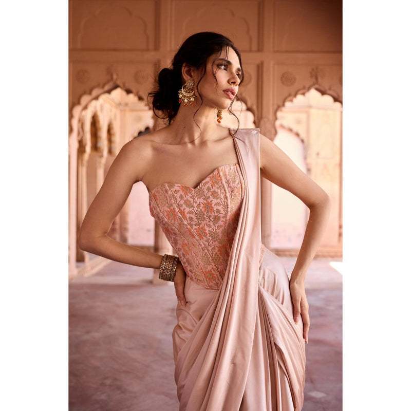 Saanjh by Lea Peach Siham Pre-Stitched Saree with Stitched Blouse