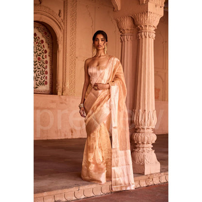 Saanjh by Lea Suhaila Gold Tissue Pre-Draped Saree with Stitched Blouse