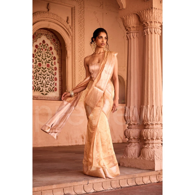 Saanjh by Lea Suhaila Gold Tissue Pre-Draped Saree with Stitched Blouse