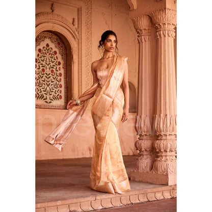 Saanjh by Lea Suhaila Gold Tissue Pre-Draped Saree with Stitched Blouse