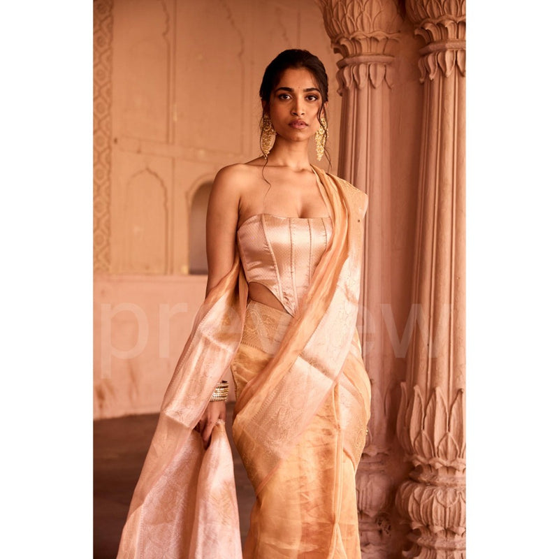 Saanjh by Lea Suhaila Gold Tissue Pre-Draped Saree with Stitched Blouse
