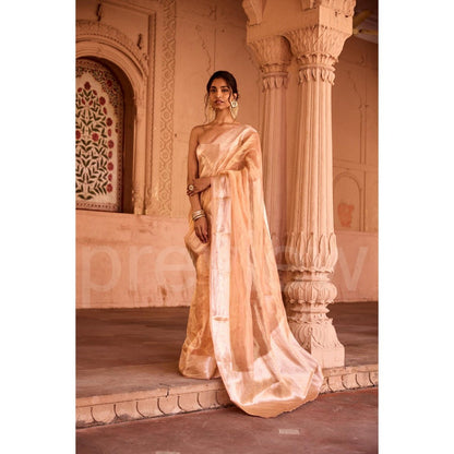 Saanjh by Lea Suhaila Gold Tissue Pre-Draped Saree with Stitched Blouse