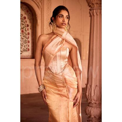 Saanjh by Lea Suhaila Gold Tissue Pre-Draped Saree with Stitched Blouse