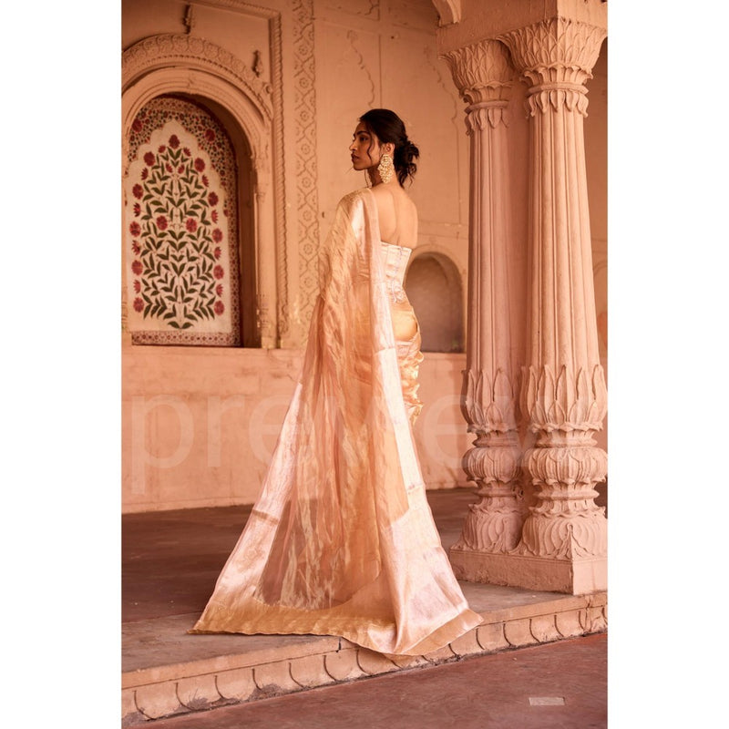 Saanjh by Lea Suhaila Gold Tissue Pre-Draped Saree with Stitched Blouse