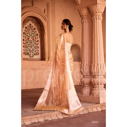 Saanjh by Lea Suhaila Gold Tissue Pre-Draped Saree with Stitched Blouse