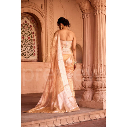 Saanjh by Lea Suhaila Gold Tissue Pre-Draped Saree with Stitched Blouse