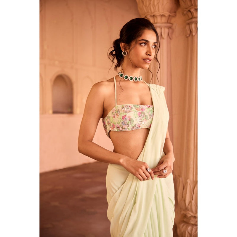 Saanjh by Lea Yasira Pastel Green Georgette Pre-Stitched Saree with Stitched Blouse
