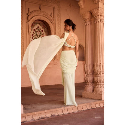 Saanjh by Lea Yasira Pastel Green Georgette Pre-Stitched Saree with Stitched Blouse