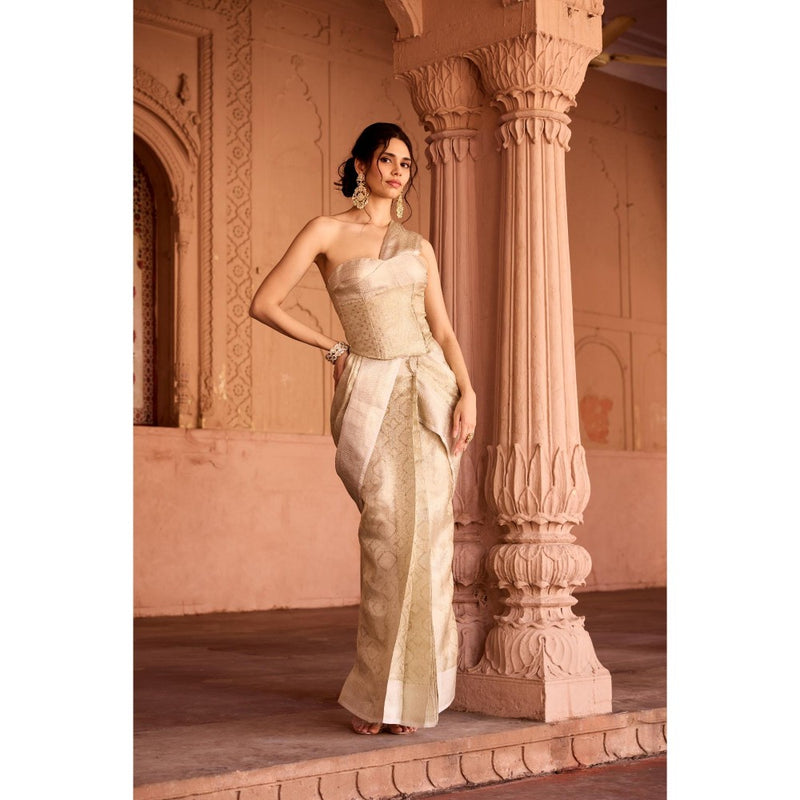 Saanjh by Lea Zaida Beige Banarasi Pre-Draped Saree with Stitched Blouse
