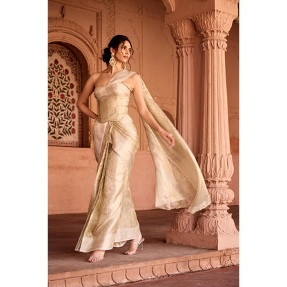 Saanjh by Lea Zaida Beige Banarasi Pre-Draped Saree with Stitched Blouse