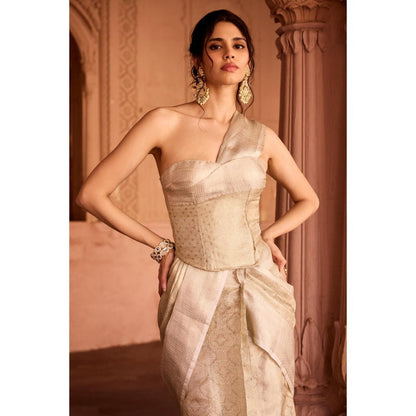 Saanjh by Lea Zaida Beige Banarasi Pre-Draped Saree with Stitched Blouse