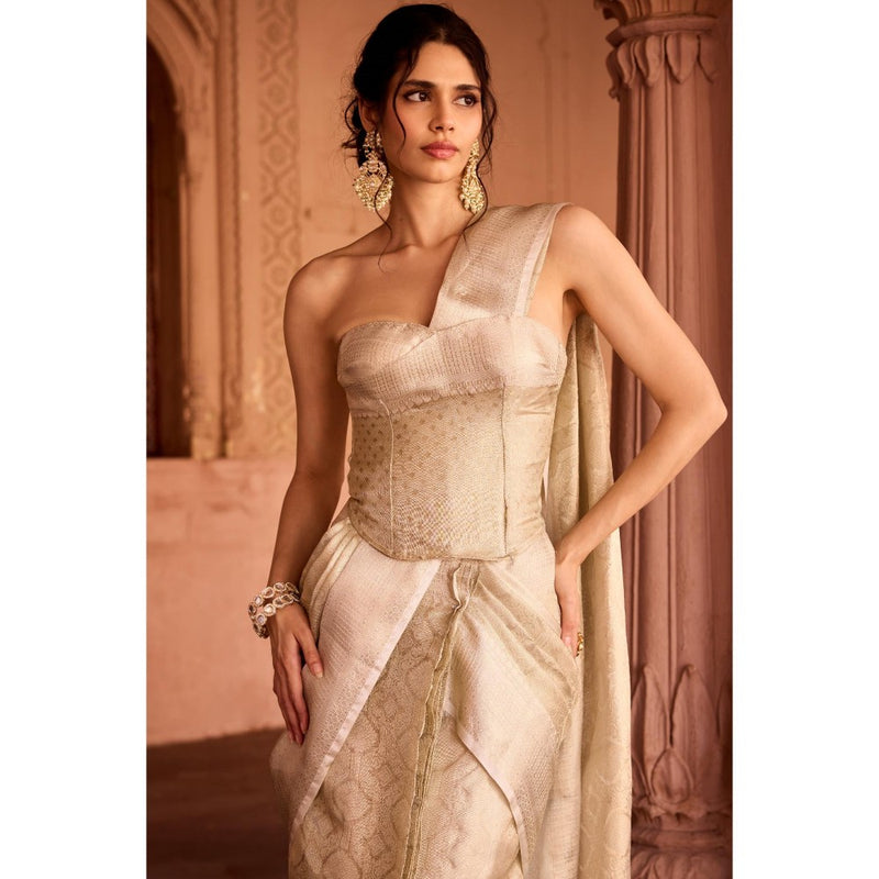 Saanjh by Lea Zaida Beige Banarasi Pre-Draped Saree with Stitched Blouse