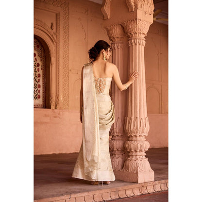 Saanjh by Lea Zaida Beige Banarasi Pre-Draped Saree with Stitched Blouse