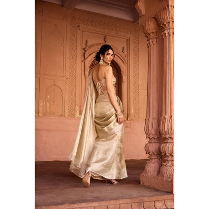 Saanjh by Lea Zaida Beige Banarasi Pre-Draped Saree with Stitched Blouse