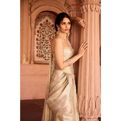 Saanjh by Lea Zaida Beige Banarasi Pre-Draped Saree with Stitched Blouse