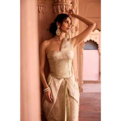 Saanjh by Lea Zaida Beige Banarasi Pre-Draped Saree with Stitched Blouse