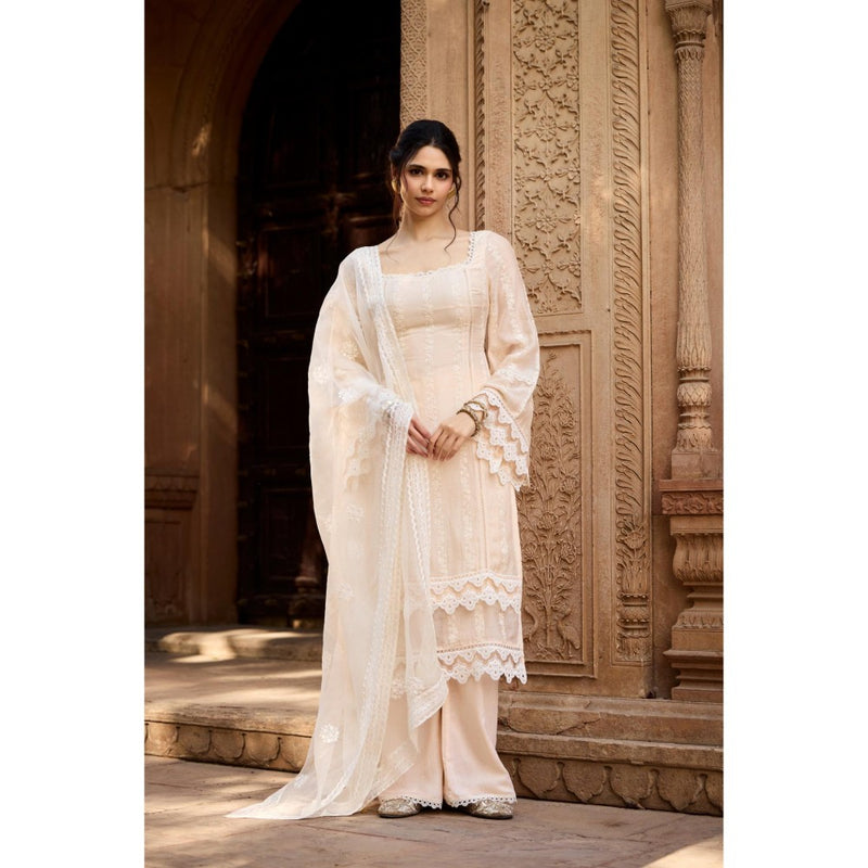 Saanjh by Lea Aamina Pastel Beige Chanderi Kurta with Palazzo and Dupatta