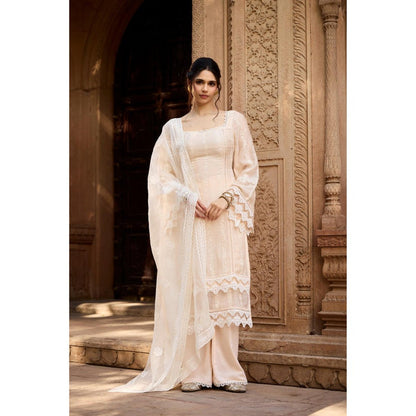 Saanjh by Lea Aamina Pastel Beige Chanderi Kurta with Palazzo and Dupatta