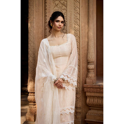 Saanjh by Lea Aamina Pastel Beige Chanderi Kurta with Palazzo and Dupatta