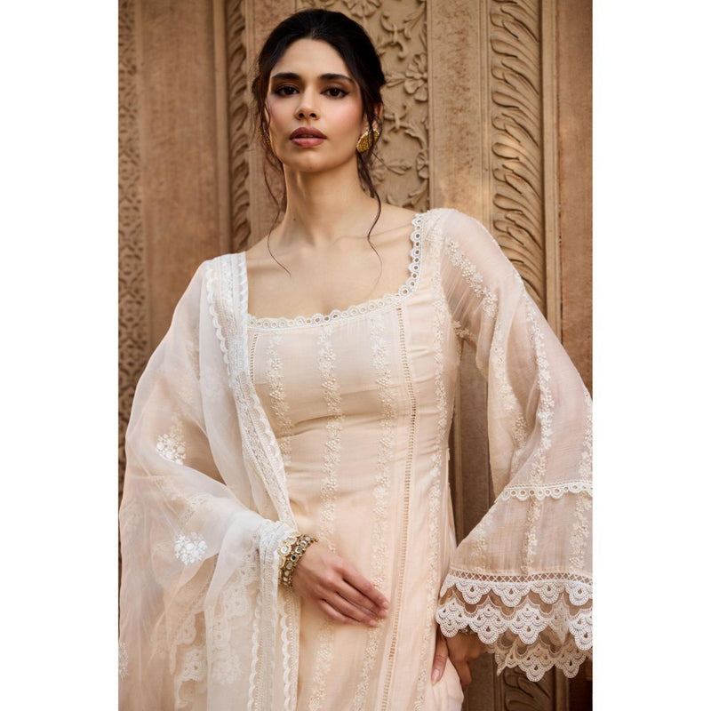 Saanjh by Lea Aamina Pastel Beige Chanderi Kurta with Palazzo and Dupatta