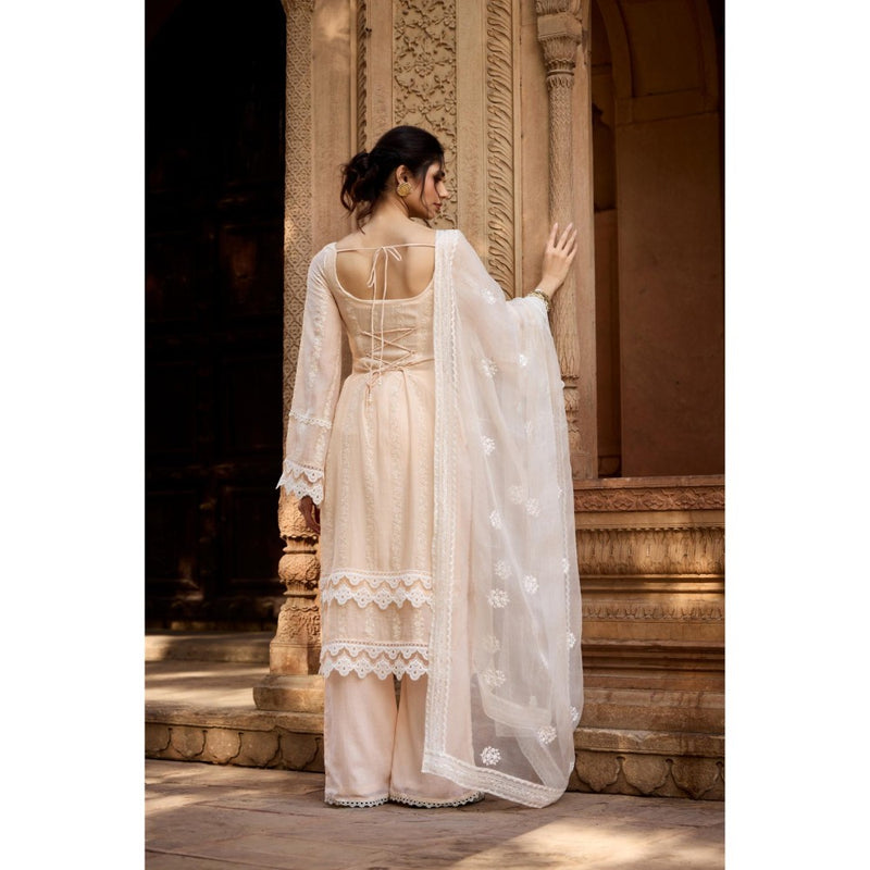 Saanjh by Lea Aamina Pastel Beige Chanderi Kurta with Palazzo and Dupatta