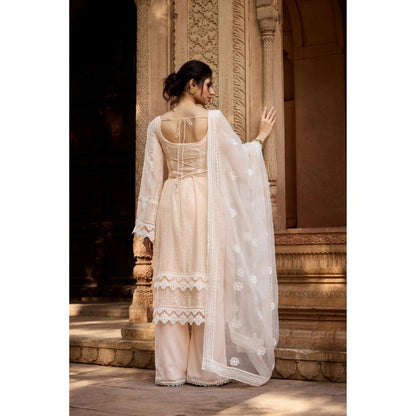Saanjh by Lea Aamina Pastel Beige Chanderi Kurta with Palazzo and Dupatta