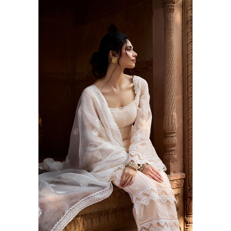Saanjh by Lea Aamina Pastel Beige Chanderi Kurta with Palazzo and Dupatta