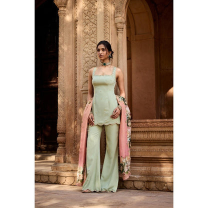 Saanjh by Lea Adara Pastel Green Chanderi Palazzo with Kurti and Dupatta