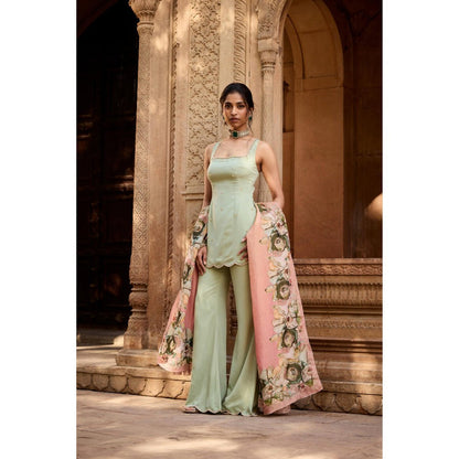 Saanjh by Lea Adara Pastel Green Chanderi Palazzo with Kurti and Dupatta