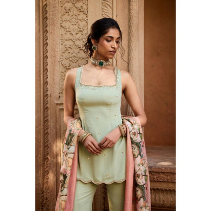 Saanjh by Lea Adara Pastel Green Chanderi Palazzo with Kurti and Dupatta