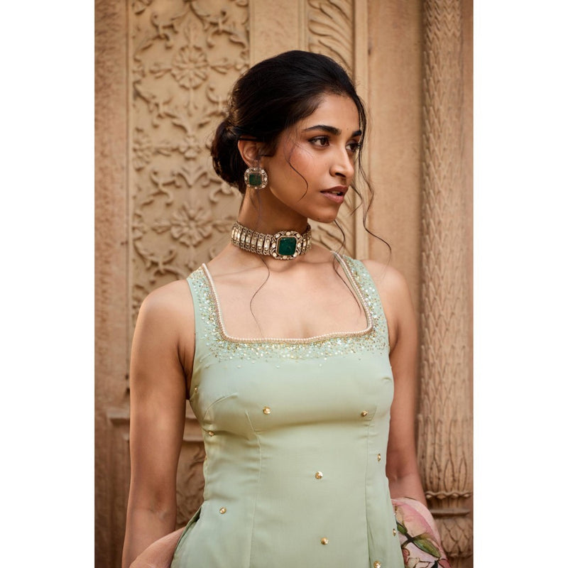 Saanjh by Lea Adara Pastel Green Chanderi Palazzo with Kurti and Dupatta