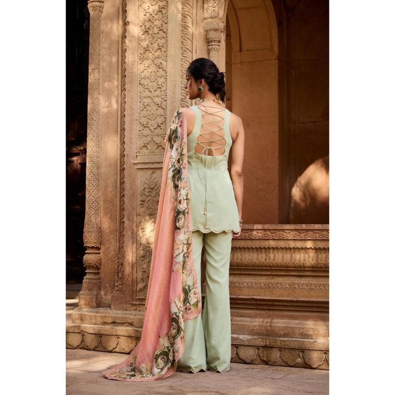 Saanjh by Lea Adara Pastel Green Chanderi Palazzo with Kurti and Dupatta