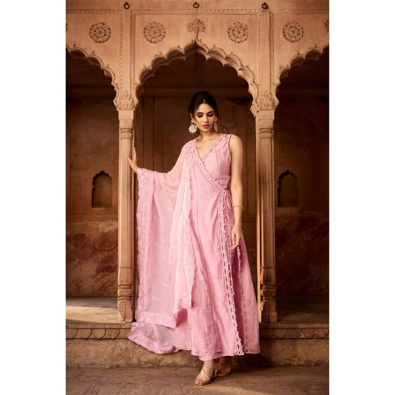 Saanjh by Lea Gulbaano Light Pink Embroidered Angrakha Kurta with Pant and Dupatta