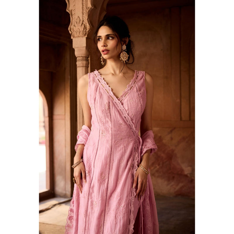 Saanjh by Lea Gulbaano Light Pink Embroidered Angrakha Kurta with Pant and Dupatta