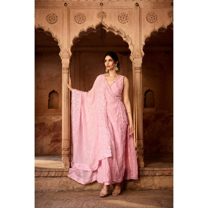 Saanjh by Lea Gulbaano Light Pink Embroidered Angrakha Kurta with Pant and Dupatta