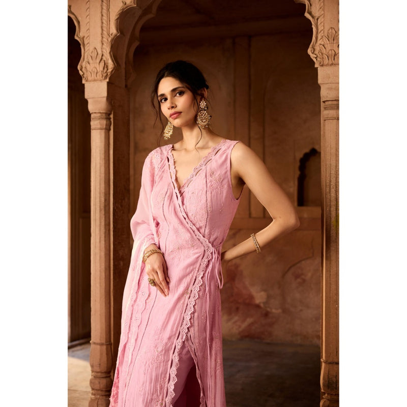 Saanjh by Lea Gulbaano Light Pink Embroidered Angrakha Kurta with Pant and Dupatta