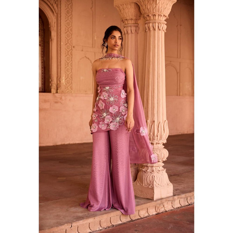 Saanjh by Lea Nakhat Mauve 3D Flower Embroidered Sleeveless Sharara with Kurti and Dupatta