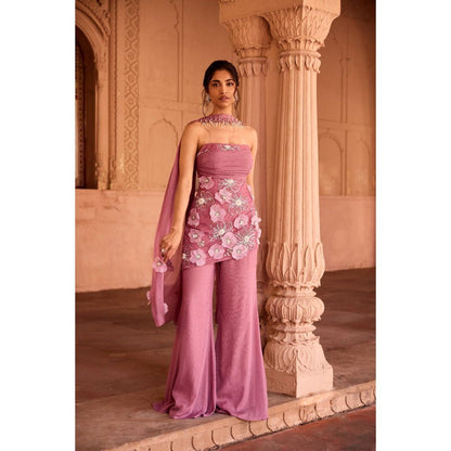 Saanjh by Lea Nakhat Mauve 3D Flower Embroidered Sleeveless Sharara with Kurti and Dupatta