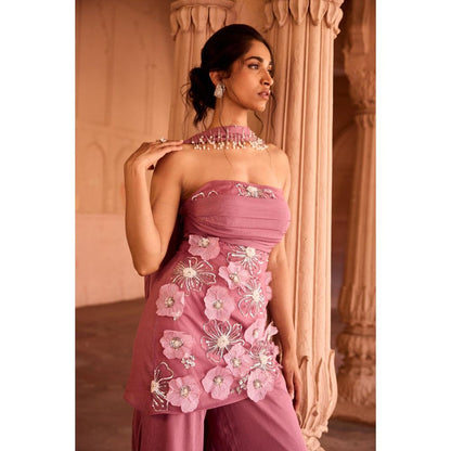 Saanjh by Lea Nakhat Mauve 3D Flower Embroidered Sleeveless Sharara with Kurti and Dupatta