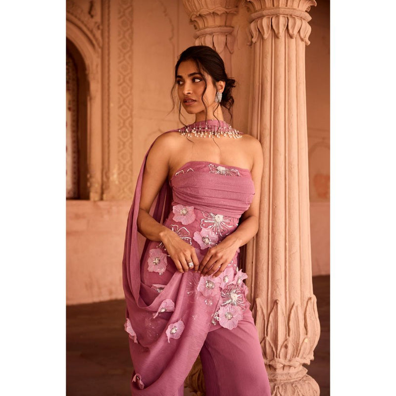 Saanjh by Lea Nakhat Mauve 3D Flower Embroidered Sleeveless Sharara with Kurti and Dupatta