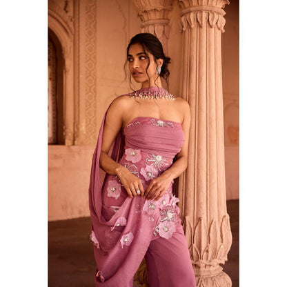 Saanjh by Lea Nakhat Mauve 3D Flower Embroidered Sleeveless Sharara with Kurti and Dupatta