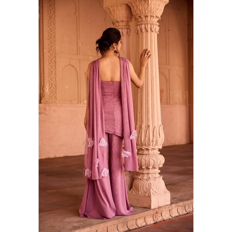 Saanjh by Lea Nakhat Mauve 3D Flower Embroidered Sleeveless Sharara with Kurti and Dupatta