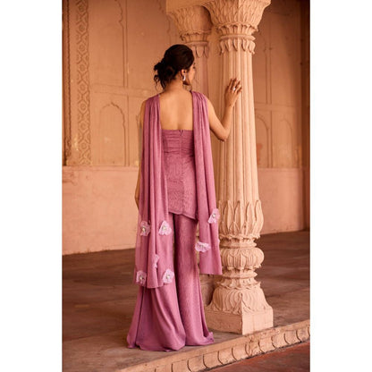 Saanjh by Lea Nakhat Mauve 3D Flower Embroidered Sleeveless Sharara with Kurti and Dupatta